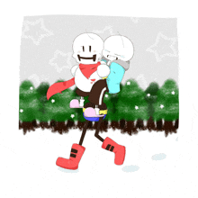 a drawing of papyrus carrying sans on his back in the snow