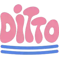 a pink ditto logo with a blue stripe underneath it