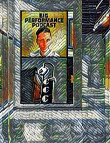 a painting of a man holding a guitar with the words big performance podcast on it