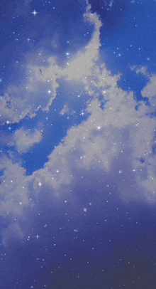 a purple sky with white clouds and stars