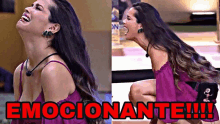 a woman in a purple dress is kneeling down and laughing with the words emocionante written above her .