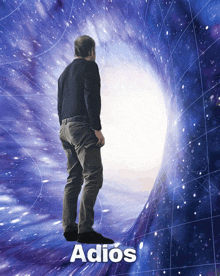 a man in a black shirt is standing in a wormhole with the word adios on the bottom