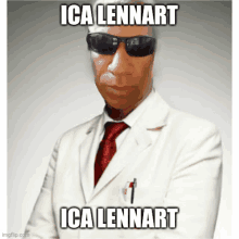 a man wearing sunglasses and a white suit has the name ica lennart on the bottom