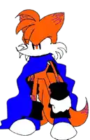 a cartoon drawing of a fox wearing a blue cape and holding a bag