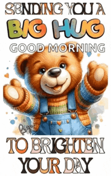 a picture of a teddy bear with the words " sending you a big hug good morning to brighten your day "