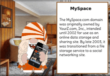 a cartoon character is holding a cell phone in front of a sign that says myspace