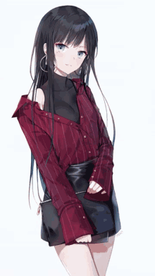 a girl with long black hair and blue eyes is wearing a red striped shirt and black skirt