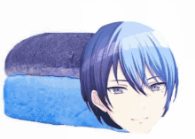 a person with blue hair is laying on top of a blue bread roll .