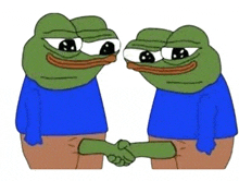 two cartoon frogs are shaking hands with each other on a white background .