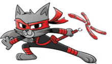 a cartoon of a cat in a ninja costume holding a sword and a stick .