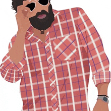 a man with a beard wearing sunglasses and a plaid shirt is talking on a cell phone .