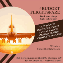 an advertisement for budget flights fare shows a plane taking off