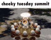 a poster for the cheeky tuesday summit with a globe surrounded by eyeballs and donuts