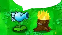 a cartoon of a plant and a tree stump with a speech bubble in the background .