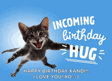 a cat is jumping in the air with the words incoming birthday hug behind it