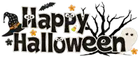 a happy halloween sign with a witch hat and bats