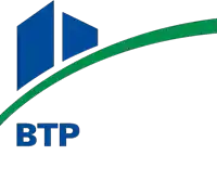 a blue and green logo for btp with a building