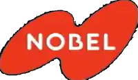 a red nobel logo with white letters on a white background