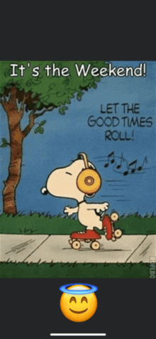 a picture of snoopy rollerblading with the words it 's the weekend