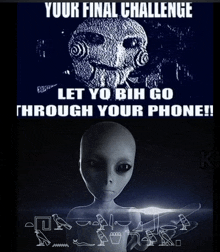 a poster with a picture of an alien and the words " your final challenge "