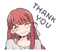 a girl with red hair is smiling and crying with the words thank you below her