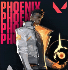 a man in a white jacket stands in front of a sign that says phoenix