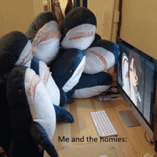 a bunch of stuffed sharks sitting in front of a computer monitor