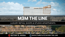 an advertisement for m3m the line luxury retail shops and studio apartments in noida