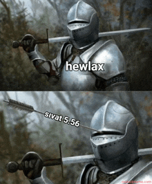 a knight is holding a sword and an arrow with the words hewlax written on it