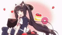 a girl in a maid outfit is sitting on top of a cake with strawberries and donuts .