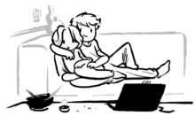 a black and white drawing of a man and a woman laying on a couch next to a laptop .