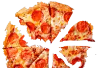 a pepperoni pizza that has been cut into slices on a white background