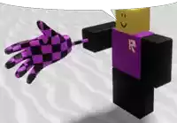 a purple and black checkered glove is being held by a purple roblox character