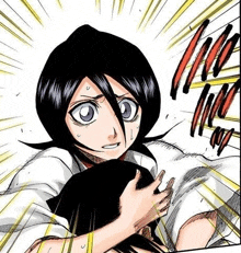 rukia from bleach is holding a person in her arms in a comic book .