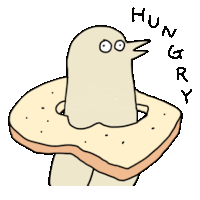 a cartoon drawing of a bird on a piece of bread with the word hungry written below it