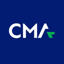 the cma logo is on a blue background and has a green arrow in the middle .