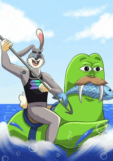 a cartoon of a rabbit and a walrus on a raft