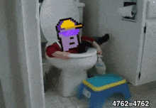 a pixel art of a person sitting on a toilet with a purple hat on .