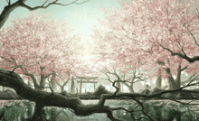 a painting of a cherry blossom forest with a torii gate