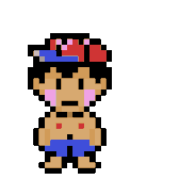 a pixel art of a man wearing a hat and blue shorts .