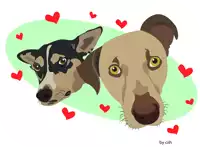 a drawing of two dogs with hearts around them and the name ciih on the bottom