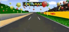 a video game scene with balloons and a sign that says " kart "