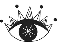 a black and white drawing of an eye with a crown on top