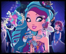 a cartoon girl with blue hair and a purple dress is holding a mask and a cane .