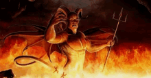 a devil with horns and wings is holding a trident in a cave .