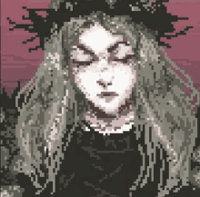 a pixel art of a woman wearing a black crown