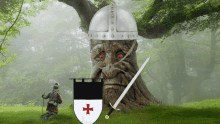 a knight kneeling in front of a tree with a helmet and sword