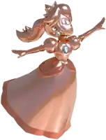 a statue of princess peach in a copper dress with a blue jewel on her chest