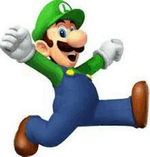 mario is wearing a green hat and overalls and running .