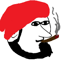 a drawing of a man with a beard wearing a red hat and smoking a cigar